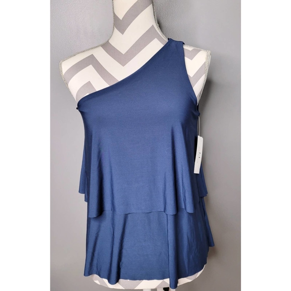 Halston Blue One Shoulder Ruffle Blouse Sz X-Small XS